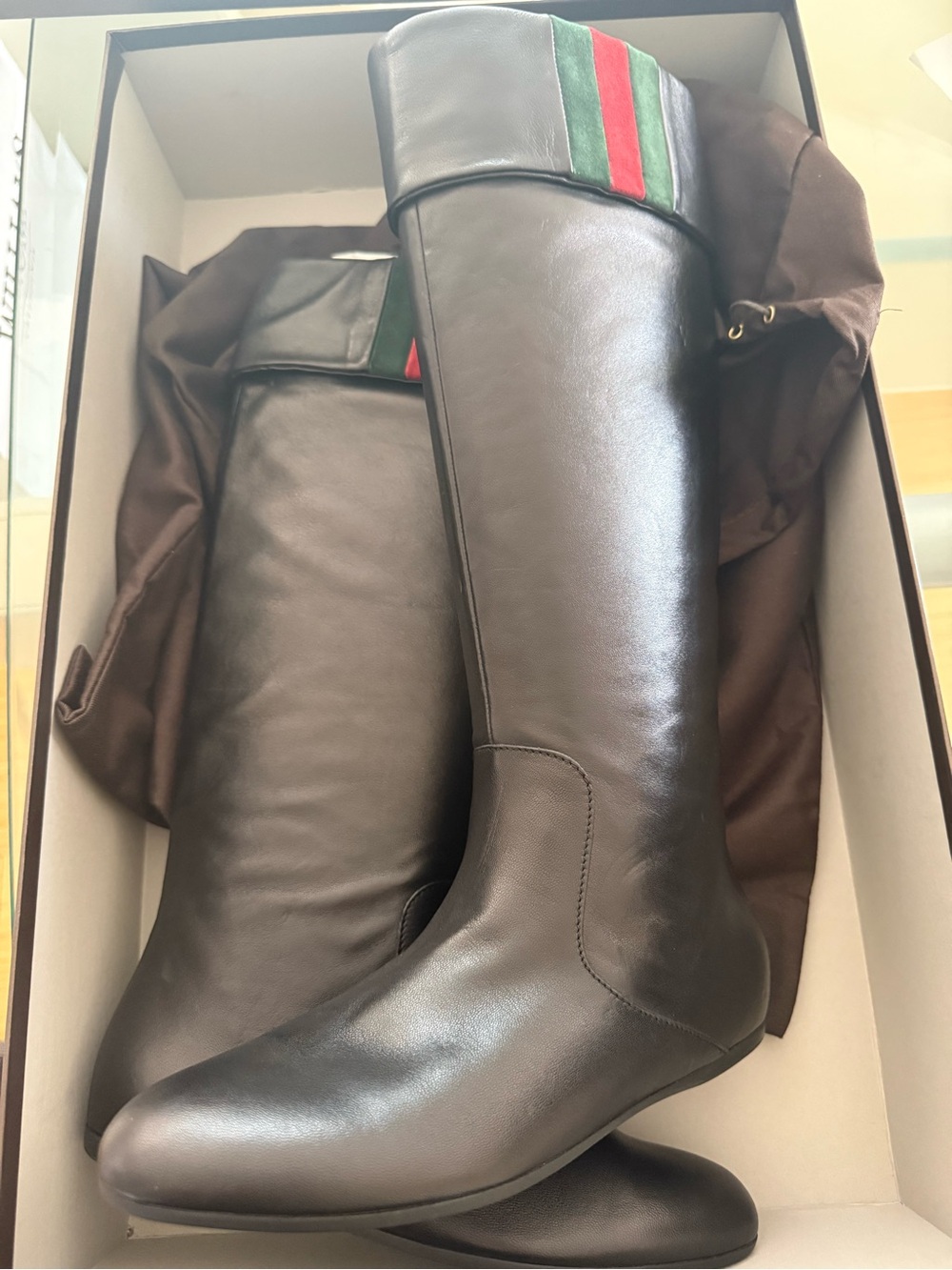 Gucci Black Leather Knee-High Boots with Web Stripe | Size 36